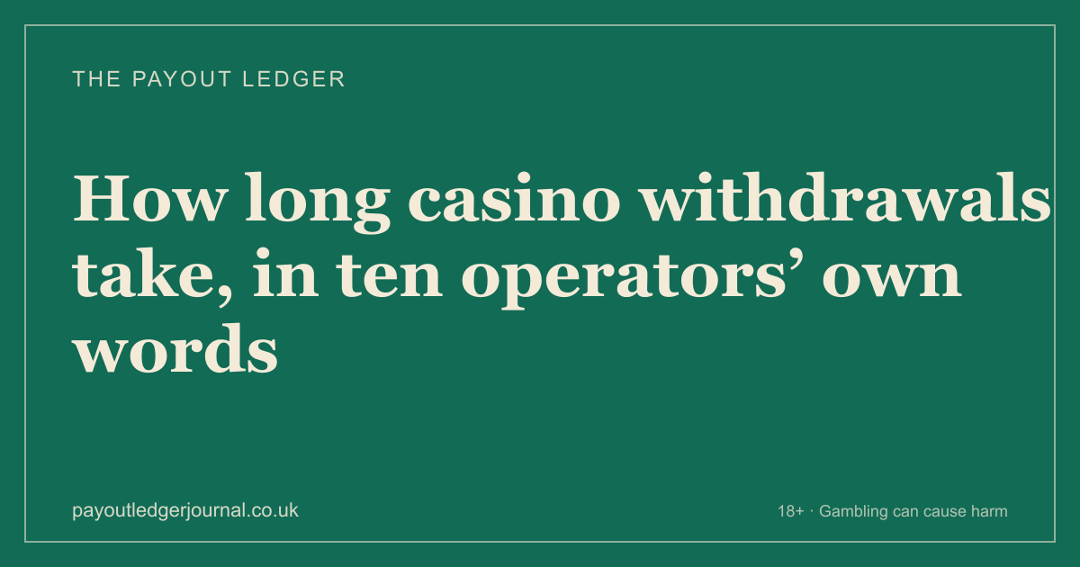 Title card reading “How long do casino withdrawals take? What ten UK operators publish, and which clock each window measures”